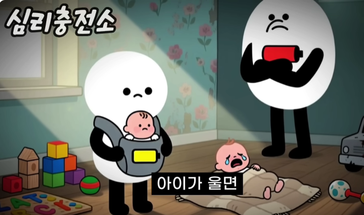 아이가 울 때 부모의 감정 조절과 심리 충전의 중요성을 설명하는 육아 교육 이미지