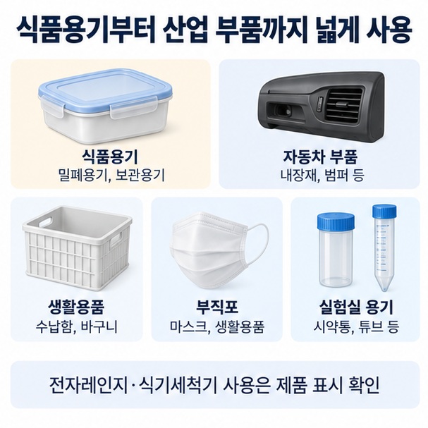 식품용기, 자동차 부품, 생활용품, 부직포 등 폴리프로필렌의 대표 용도를 표현한 이미지
