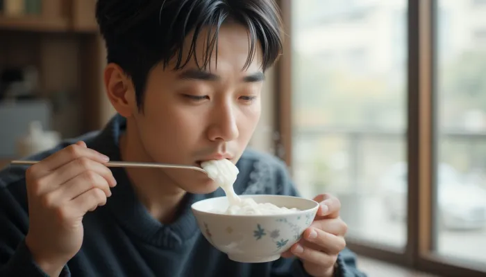 위내시경 후 식사로 죽을 천천히 먹는 남성의 모습