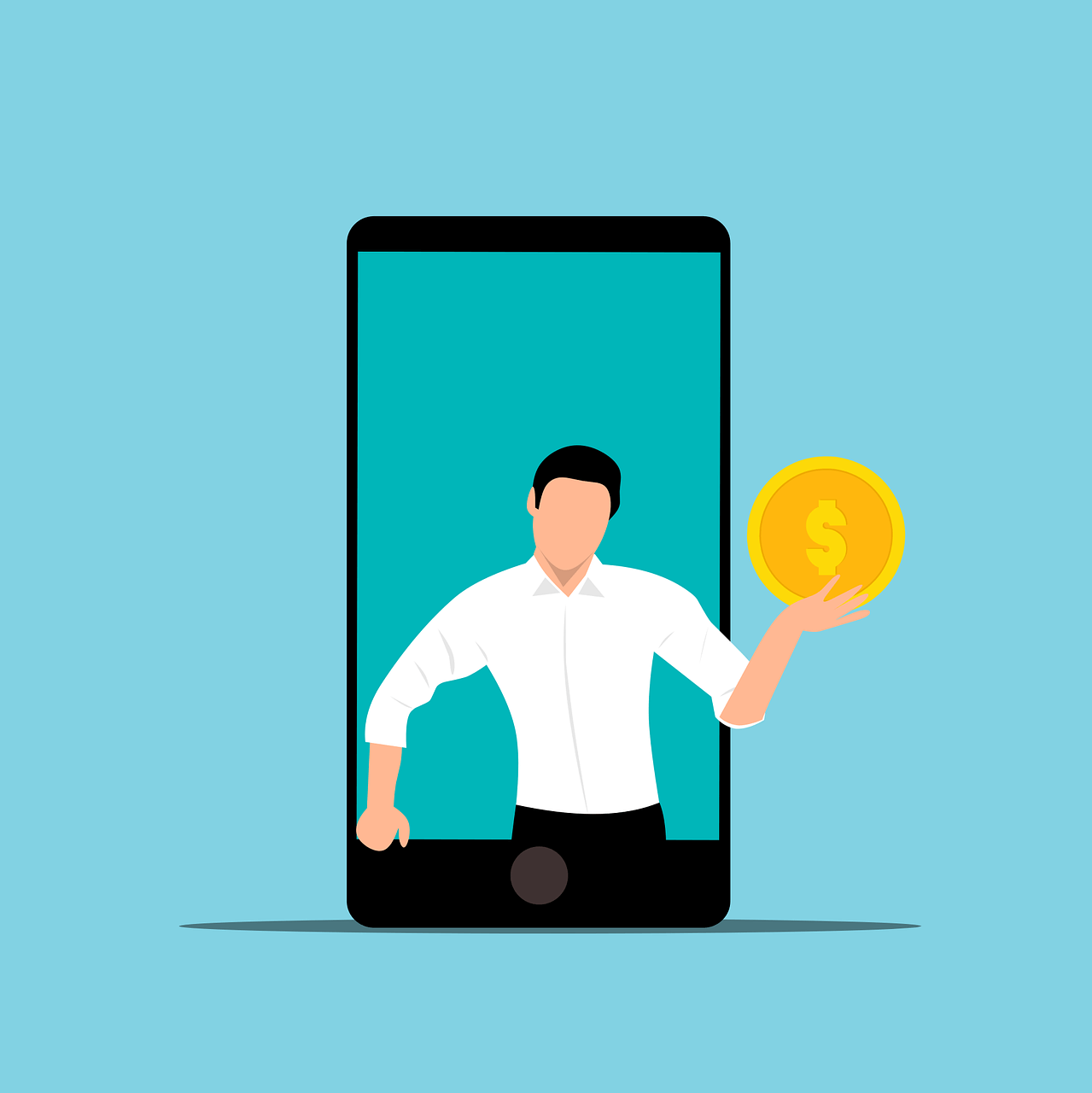 앱테크를 그림으로 표현한 장면. 폰에서 수익화를 나타낸다