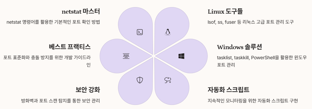 리눅스 특정 포트 확인과 윈도우 특정 포트 확인부터 포트 사용 프로세스 종료까지의 전체 과정요약 인포그래픽 이미지