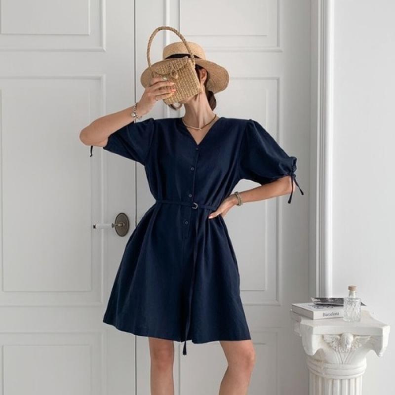 린넨 V넥 퍼프 벨트 숏 점프수트