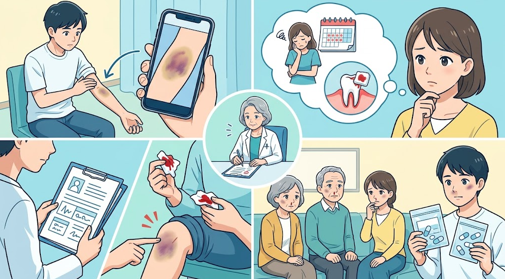 멍의 사진 기록, 월경 및 치과 출혈 병력, 최근 출혈 양상 변화, 가족력과 복용 약물 확인 등 출혈 경향 Q&A 핵심 내용을 4개 장면으로 정리한 종합 이미지