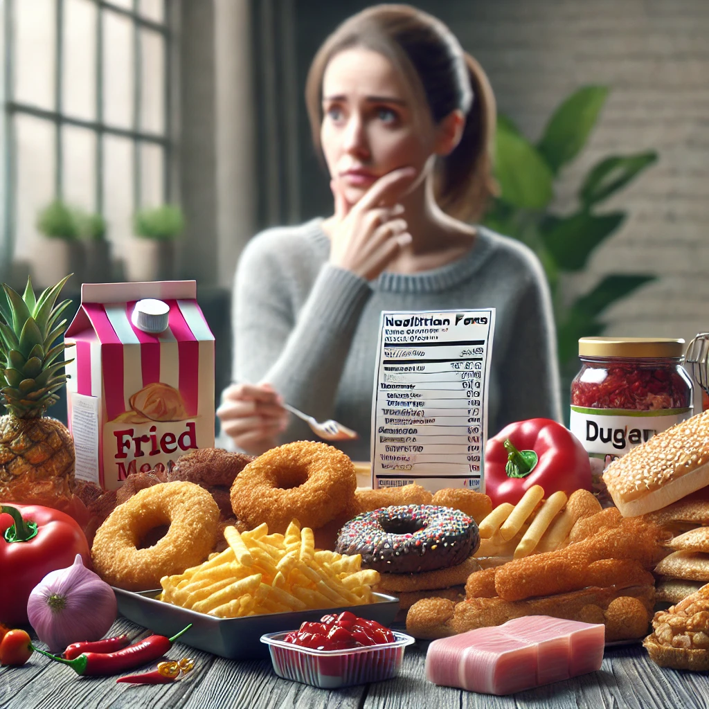 콜레스테롤 수치를 높이는 튀긴 음식, 가공육, 설탕이 많은 디저트와 걱정하는 사람