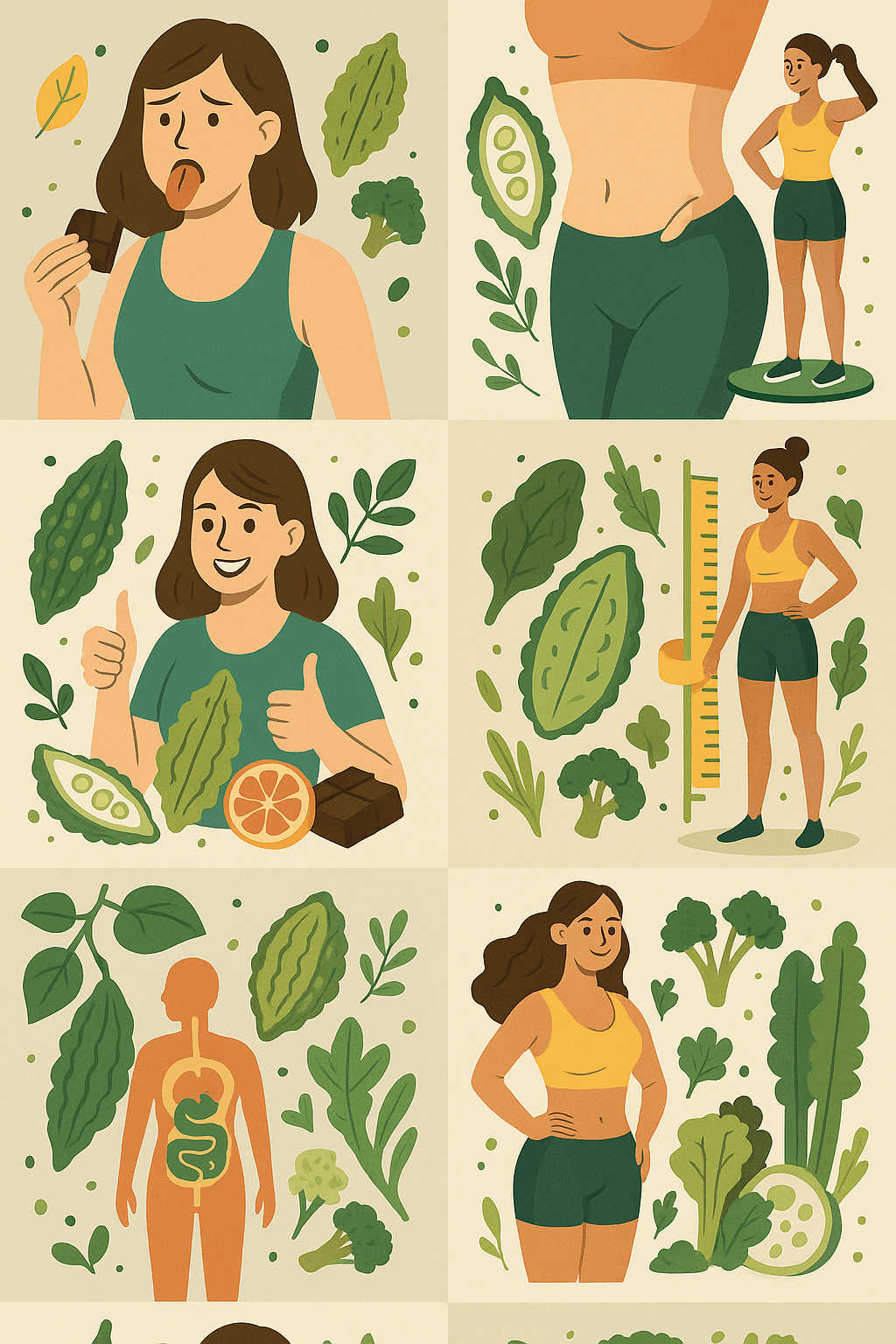 쓴맛 식품의 효과로 체지방 감소와 장건강,식이섬유가 많은 것을 표현한 이미지