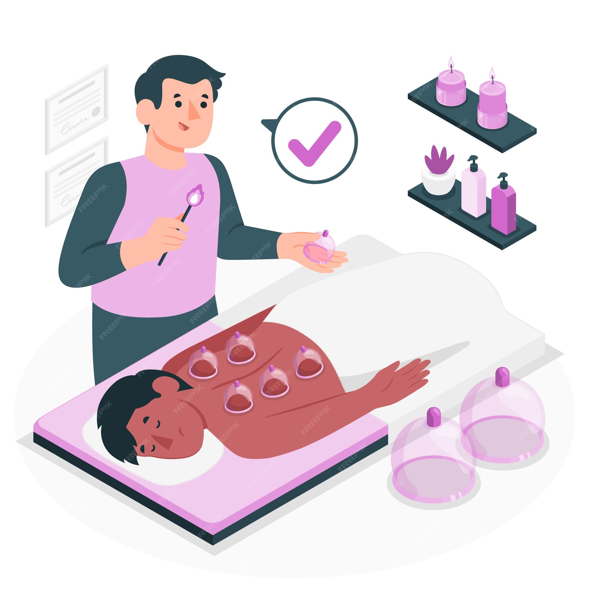 등에 부항 치료를 받고 있는 환자와 시술 중인 한의사