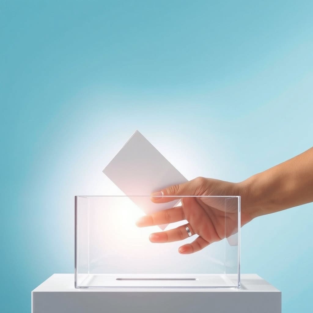 밝고 희망적인 분위기에서 한 사람이 투표용지를 접어 투명한 투표함에 넣고 있습니다. 투표함 주변으로는 은은한 빛이 감돌며 신성한 느낌을 줍니다. 인물은 팔 부분만 보이게 하여 특정 인물이 아닌 '시민' 전체를 상징하도록 합니다. 배경은 깨끗하고 단순하며, 투표소의 차분한 분위기를 연출합니다. 색감은 파란색, 흰색, 회색 계열을 사용하여 신뢰감과 공정성을 강조합니다.