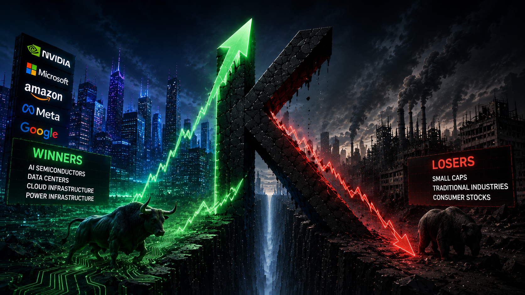 &ldquo;Futuristic K-shaped market divide showing booming AI sectors and collapsing traditional industries.&rdquo;