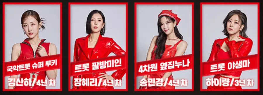 현역가왕-
출연자 사진 좌측부터 김산하#44;장혜리#44;송민경#44; 하이량