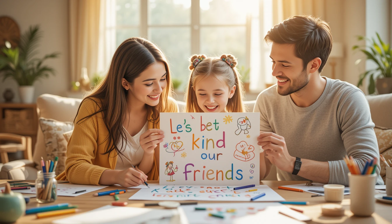 엄마 아빠 딸 세 가족이 함께 메세지아트 포스터를 만들고 있는 모습