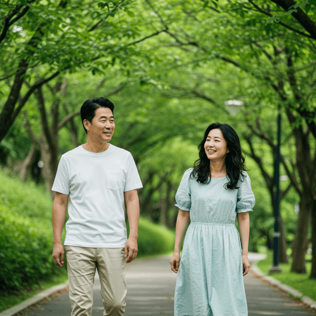 중년의 부부가 대상포진을 잘 관리하며 건강을 위해 숲을 산책하는 편안한 이미지