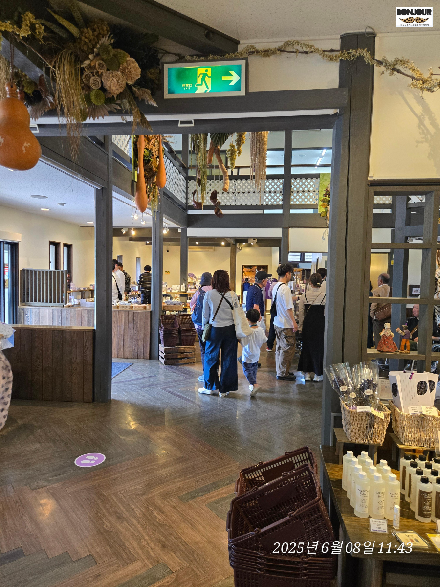 라벤더 제품을 진열해 놓은 팜토미타 기념품 샵 내부 로비