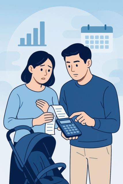 부모급여와 보육료 차액을 달력과 계산기로 확인하는 한국 가족 일러스트