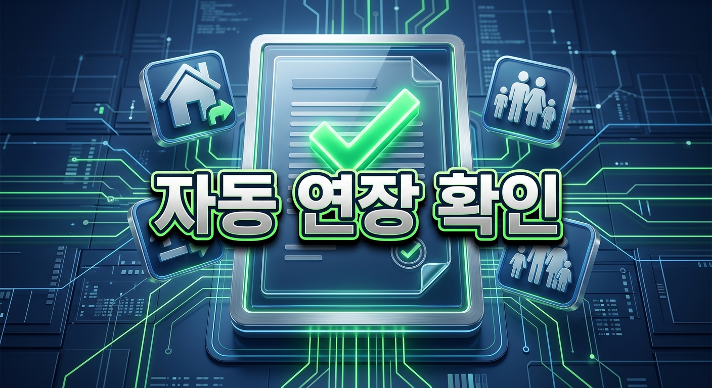 공식적인 검증과 자동 연장을 상징하는 빛나는 녹색 체크 표시가 있는 디지털 문서 주변으로 집과 가족을 나타내는 아이콘들이 떠 있고, 한국에너지공단의 검증 시스템을 나타내는 서버 그리드 배경 위에, 짙은 그림자와 외곽선으로 선명하게 강조된 '자동 연장 확인'이라는 한글 문구가 중앙에 적힌 이미지