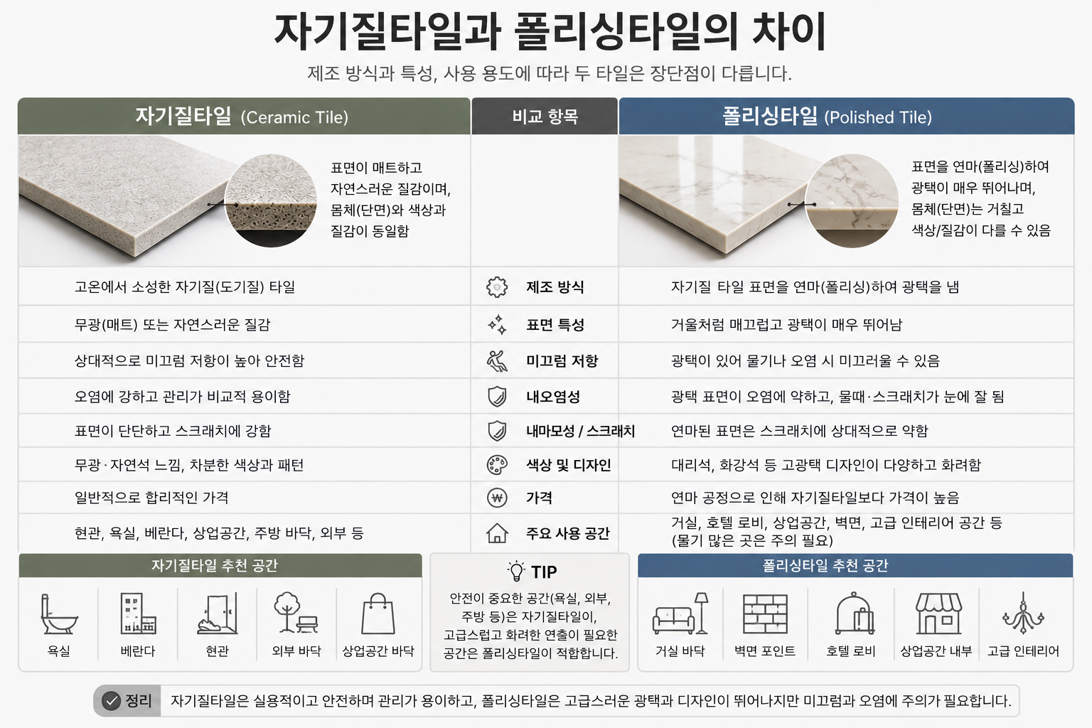 자기질타일과 폴리싱타일의 차이