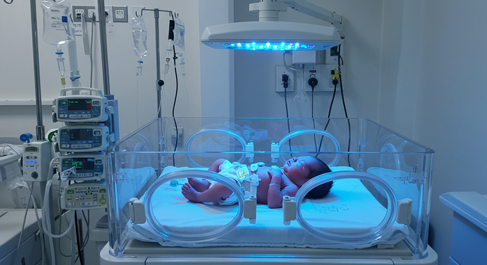 아기가 광선치료 받는 장면