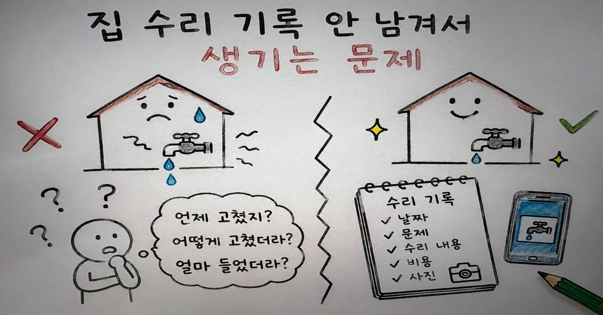 집 수리 기록을 남기지 않아 언제 어떻게 고쳤는지 기억하지 못하는 고통스러운 상황과 날짜 및 수리 내용과 비용을 노트와 스마트폰에 수령해 두고 평온을 찾은 집의 모습을 대비하여 유지보수 이력 관리의 중요성을 나타내는 스케치북 손그림 이미지