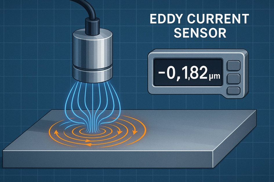 와전류 센서의 전자기 유도 원리와 비접촉 변위 측정 시스템을 보여주는 산업용 센서 기술 다이어그램