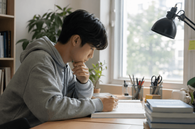 책상에 앉아 공부하는 남학생