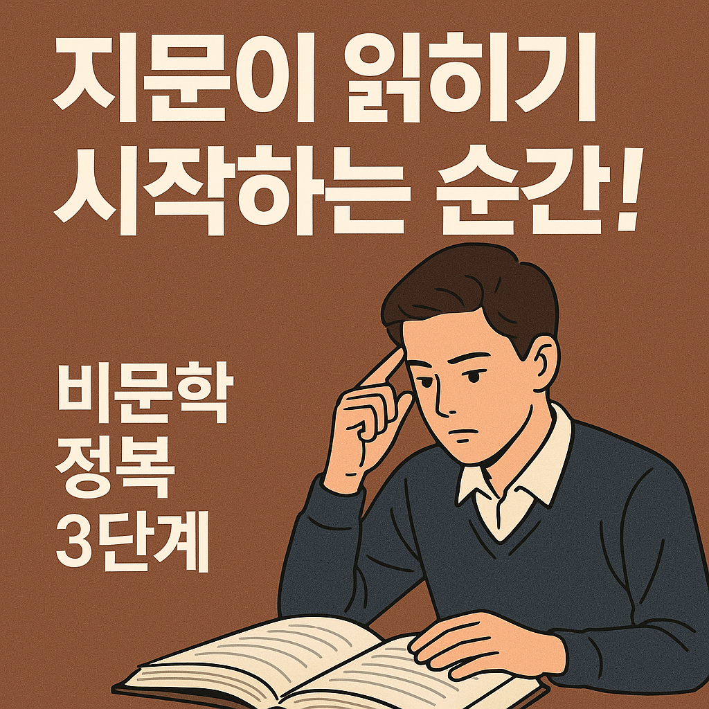 수능-국어-지문이-읽히기-시작하는-순간-비문학-정복-3단계-공부하는-남학생-집중-독서-학습-일러스트-갈색-배경