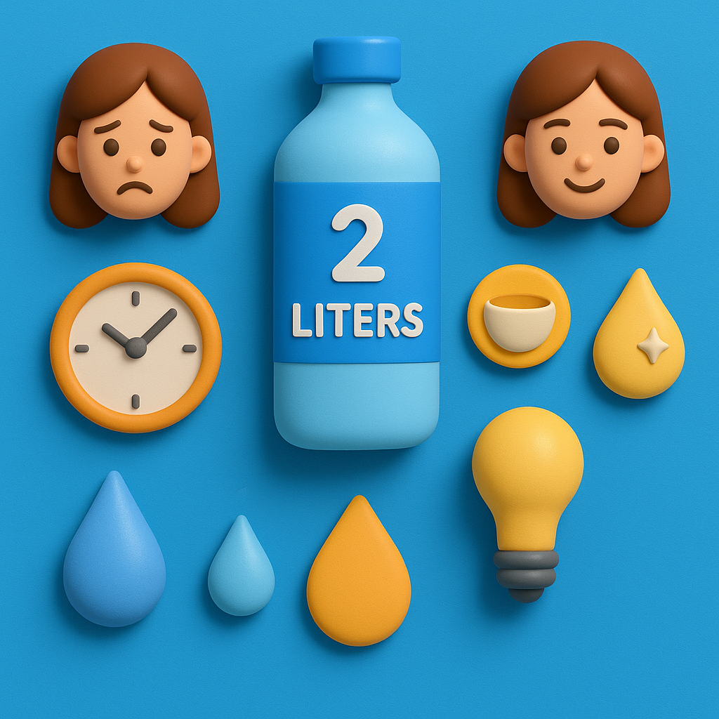 여성 캐릭터가 우는 표정과 웃는 표정이 그려져 있고 그 사이에 물 2리터가 그려져있음