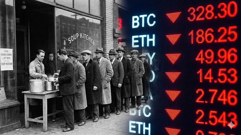대공황 당시의 암울함과 현재 코인 시장을 오버랩하여 표현