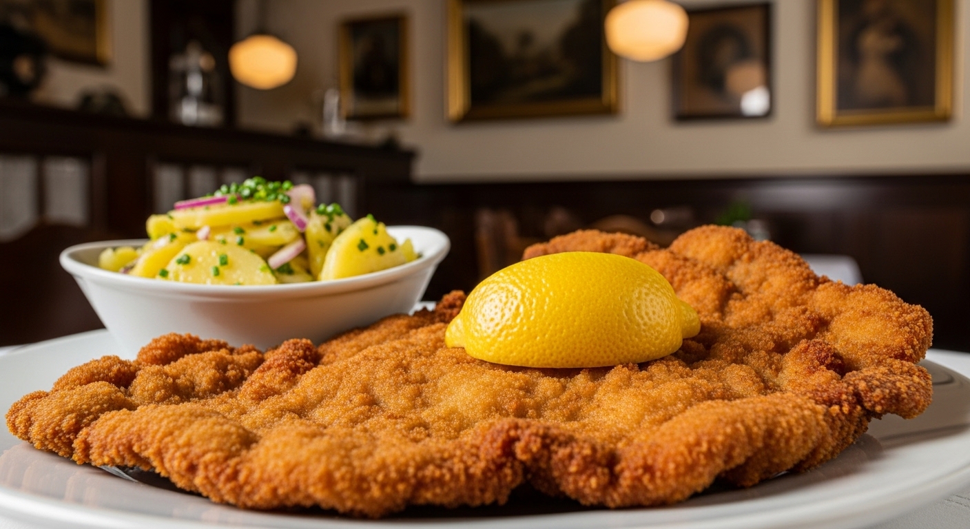 접시를 가득 채운 바삭한 비엔나 슈니첼과 레몬 조각, 그리고 새콤한 감자 샐러드. 아늑한 비엔나 레스토랑 분위기가 느껴지는 이미지.