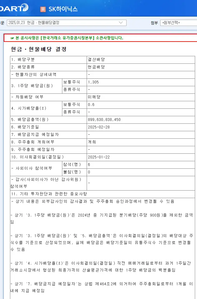 SK하이닉스(000660) 2025년 배당금 및 배당 일정 배당금 지급일