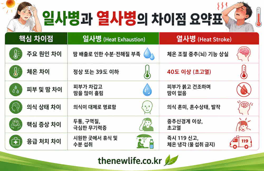 일사병 열사병 차이점 요약표