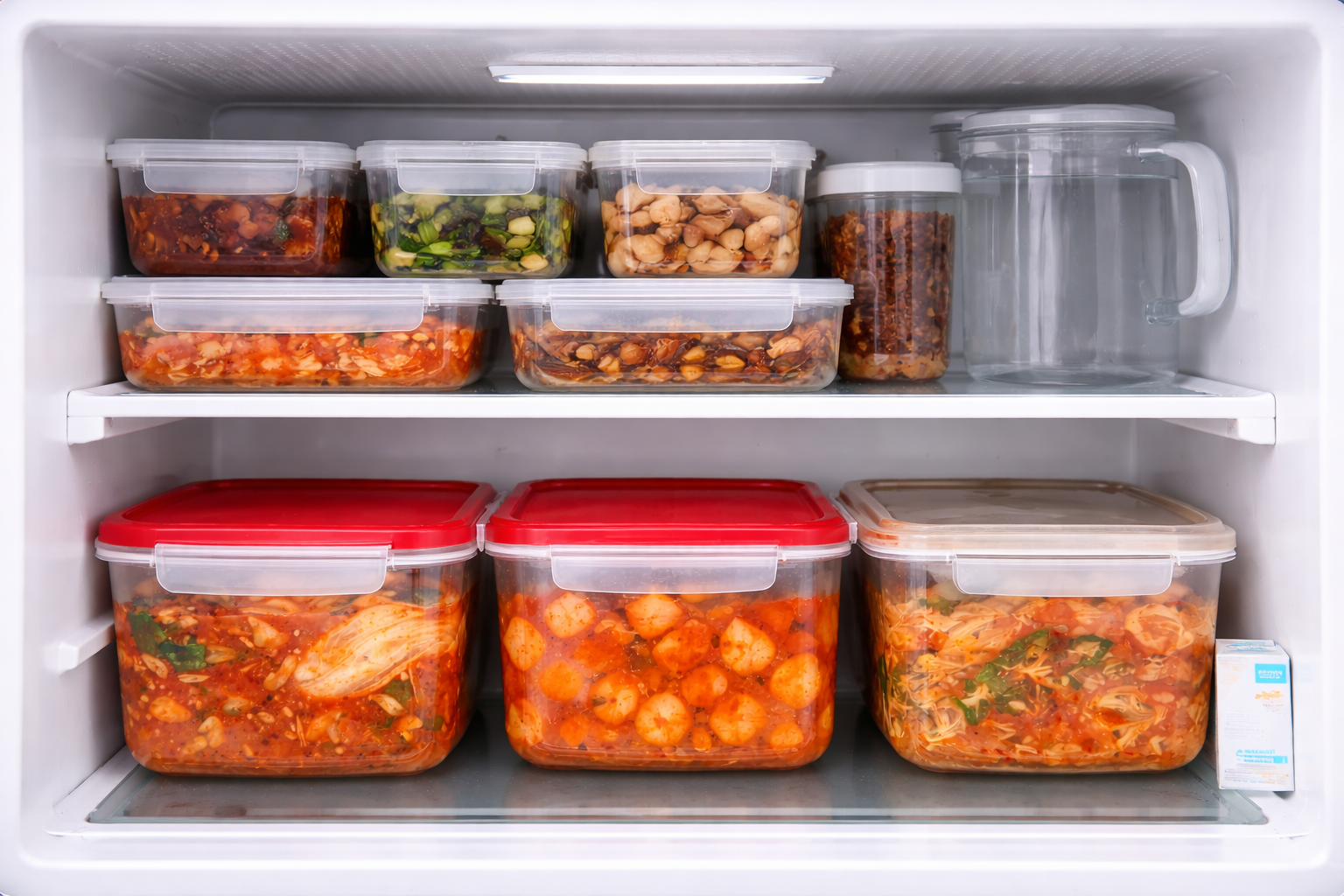 김치와 반찬이 분리되어 정리된 김치 냉장고 내부