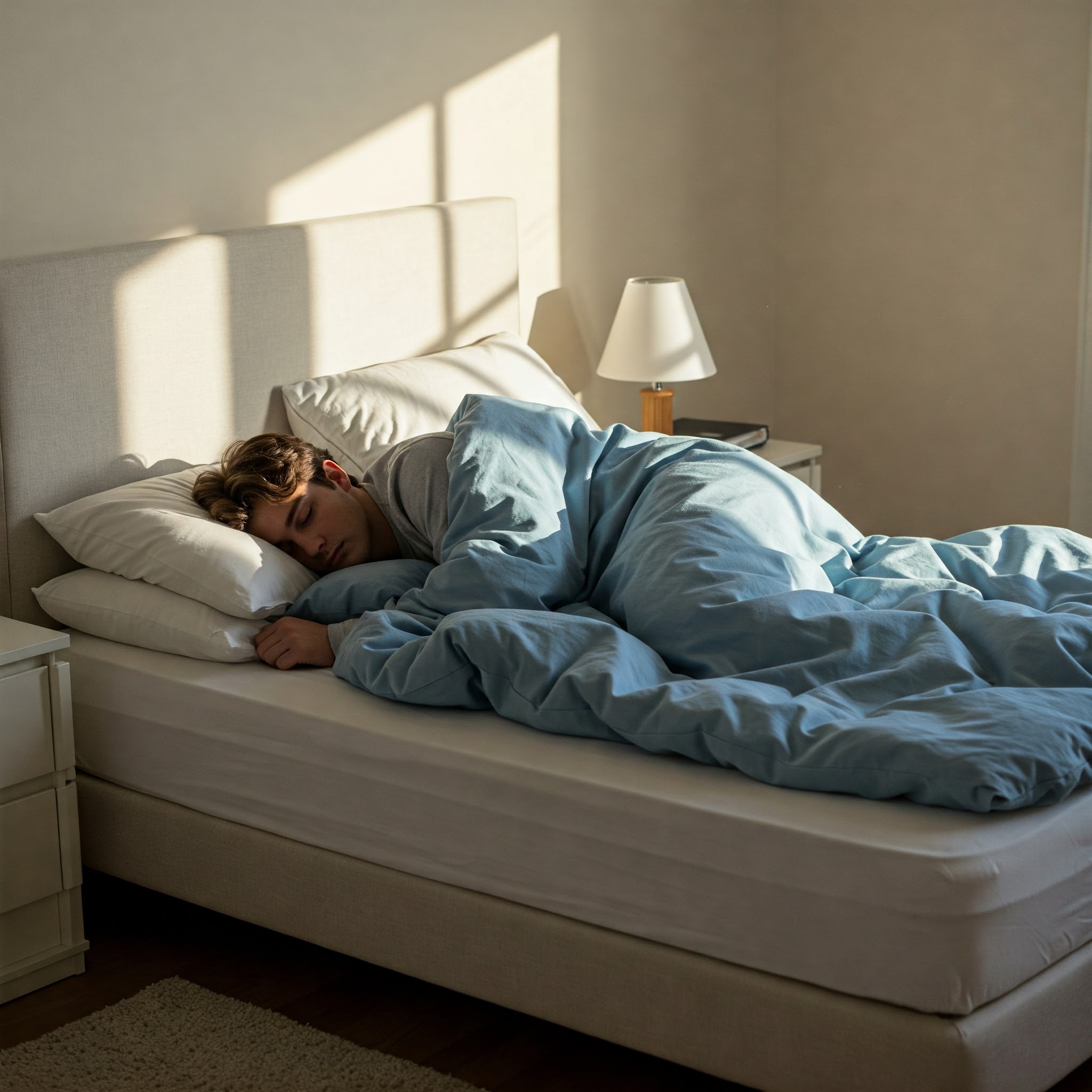 아침에 침대에서 자고있는 남성