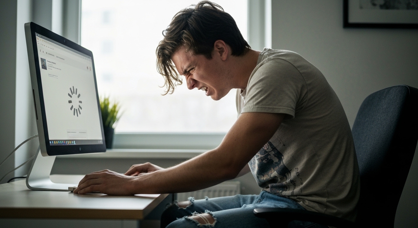 느린 컴퓨터 속도로 괴로워 하는 사진