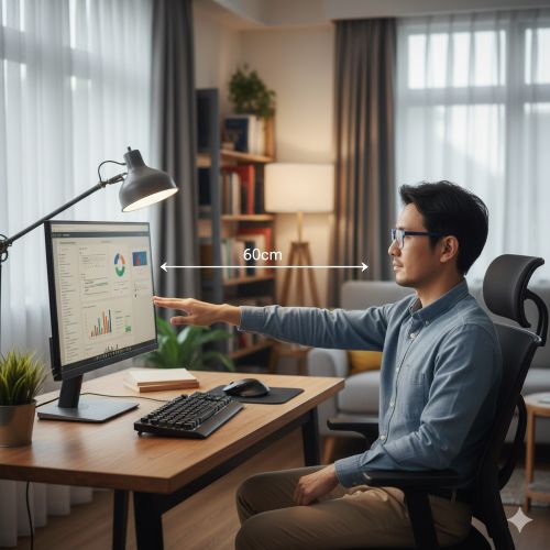 모니터와 눈 사이의 적절한 거리인 60cm를 유지하며 바른 자세로 업무를 보고 있는 남성의 모습