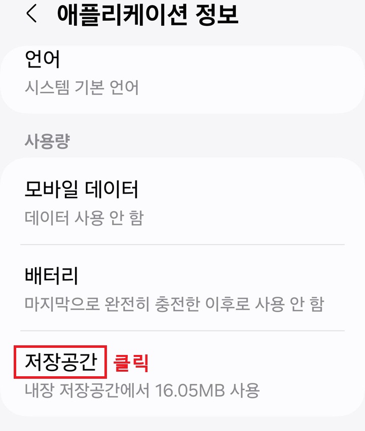 애플리케이션 정보 페이지에 저장 공간 메뉴가 보임