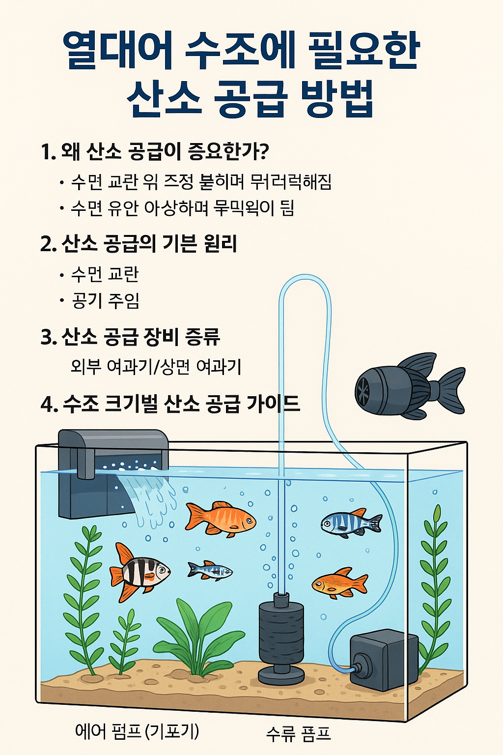열대어 수조에 산소를 공급하는 다양한 방법을 설명하는 이미지로, 에어 펌프, 수류 펌프, 외부 여과기 등 장비가 수조 내부에 배치되어 있으며, 물속에는 열대어와 수초가 함께 표현되어 있음. 산소 공급의 중요성과 원리, 장비 종류 및 수조 크기별 가이드가 함께 설명되어 있음.