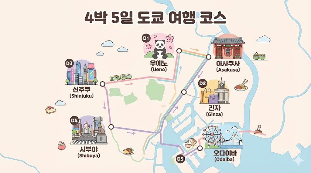 도쿄 4박 5일 일정(동선 기준)|초보자도 “헤매지 않는” 루트