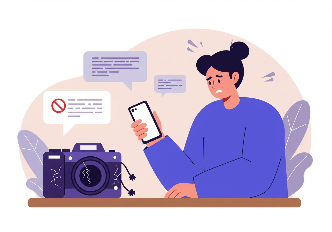 중고로 구입한 제품에 하자가 있어 실망한 소비자가 판매자에게 연락해도 답이 없는 상황을 표현한 일러스트