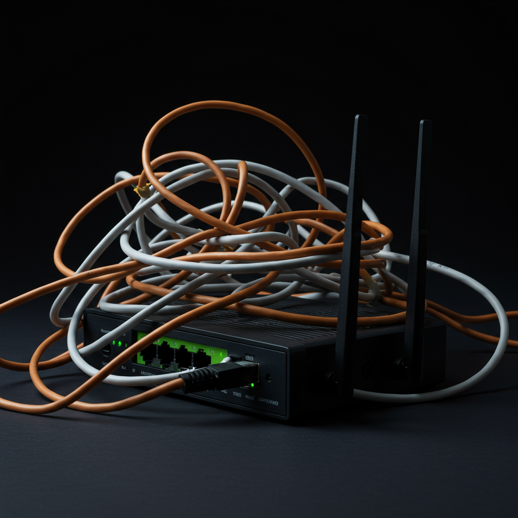 얽힌 네트워크 케이블과 오래된 공유기 이미지