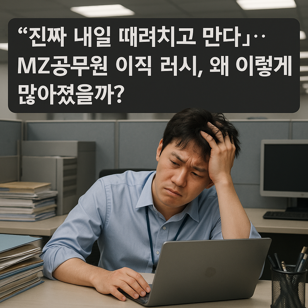 진짜내일때려치고만다-MZ공무원이직러시-왜이렇게많아졌을까-답답해하는남성공무원-사무실-컴퓨터앞-피로한표정