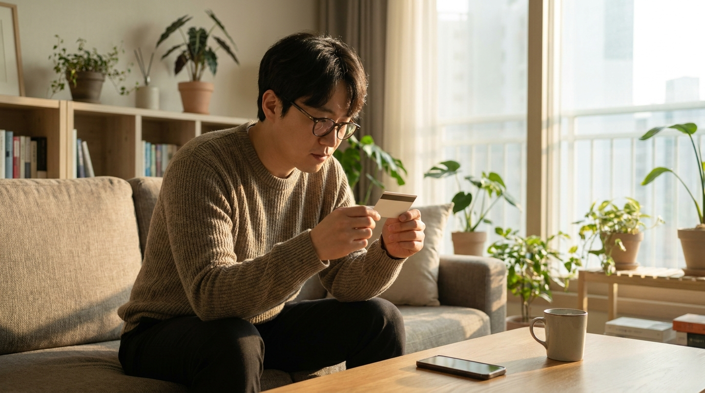 거실 소파에서 카드를 확인하는 남성
