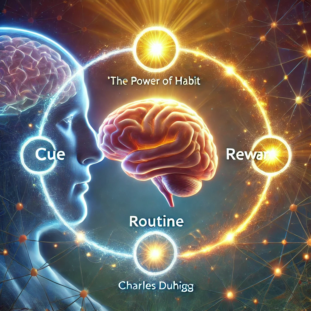 습관 형성과 루틴의 구조를 설명하는 인포그래픽, 신호 루틴 보상으로 구성된 습관 고리의 시각적 표현, 반복적인 행동이 인생을 바꾸는 모습을 상징적으로 나타낸 이미지