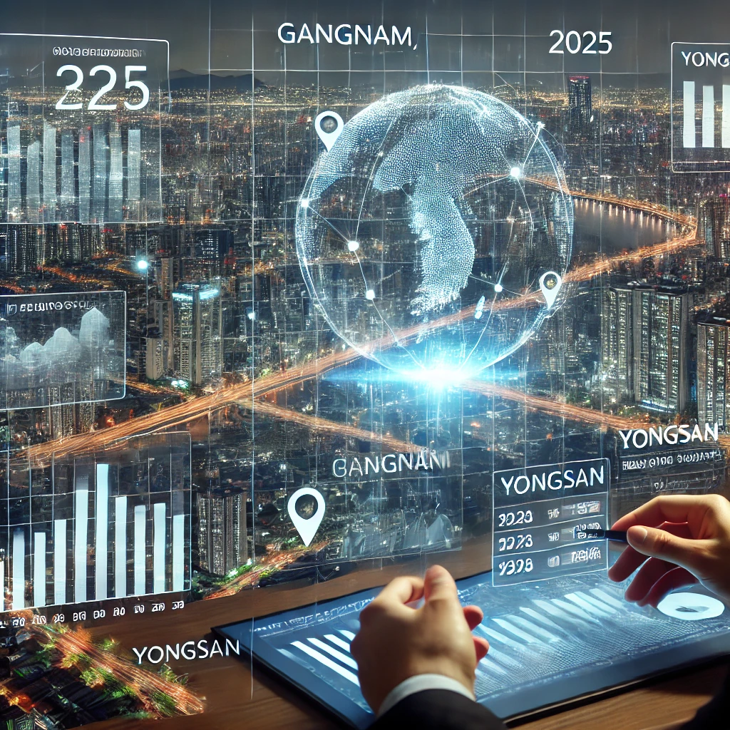 2025년 서울 강남, 마포, 용산의 부동산 시장을 분석하는 미래형 디지털 지도와 전문가 토론 장면.