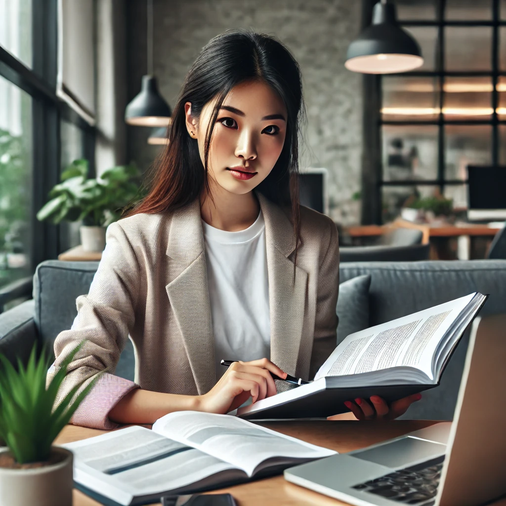 20대 후반의 한국 여성이 현대적인 작업 공간에서 컴퓨터 활용 자격증 시험을 준비하며 책과 노트를 펼쳐놓고 집중적으로 공부하는 모습