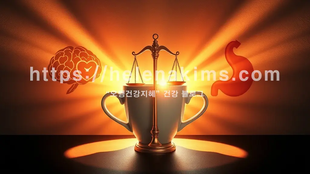 커피 한 잔, 한쪽은 활력 넘치는 빛과 뇌, 심장 아이콘으로 커피 효능을, 다른 쪽은 차분한 그림자와 함께 시계, 위장 아이콘으로 부작용을 시각화한 그래픽 이미지.