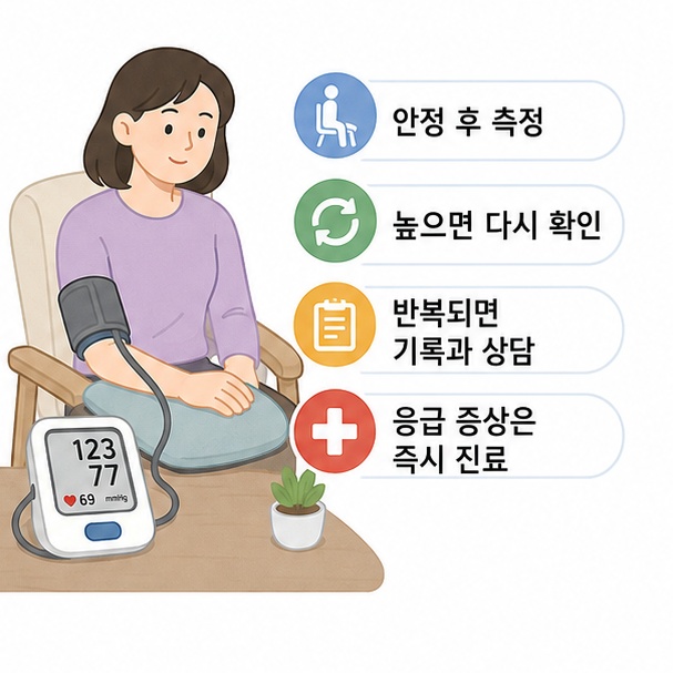 안정된 상태에서 혈압을 다시 측정하고 높은 수치가 반복되면 기록해 상담하는 과정을 보여주는 그림