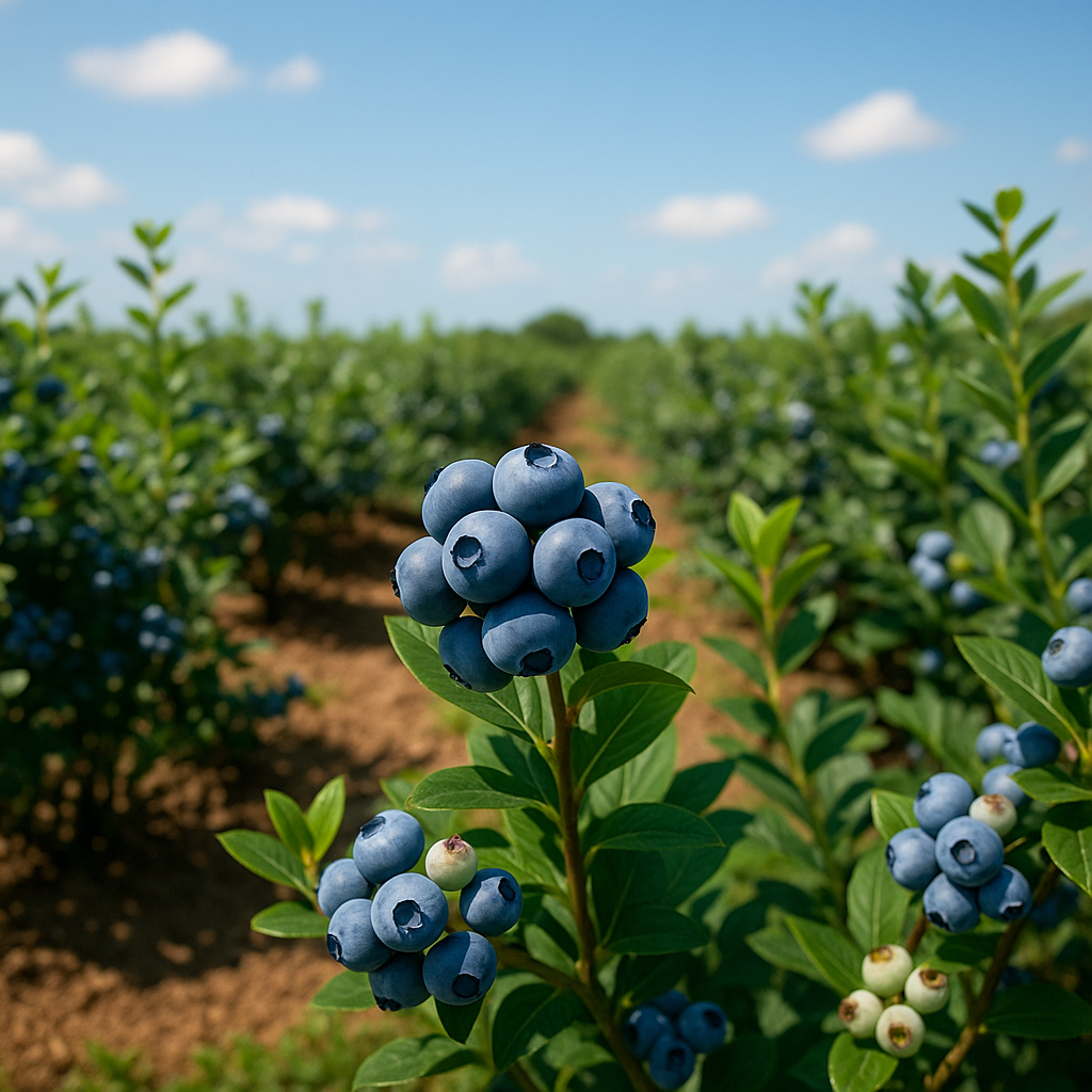 햇살 아래 밭에서 자라는 블루베리 열매들