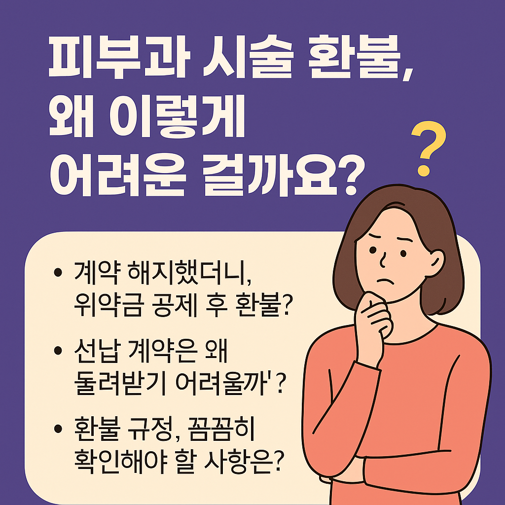 피부과 시술 환불이 어려운 이유를 설명하는 한국어 인포그래픽, 고민하는 여성과 함께 계약 해지·위약금·환불 규정 관련 문구가 포함된 디자인