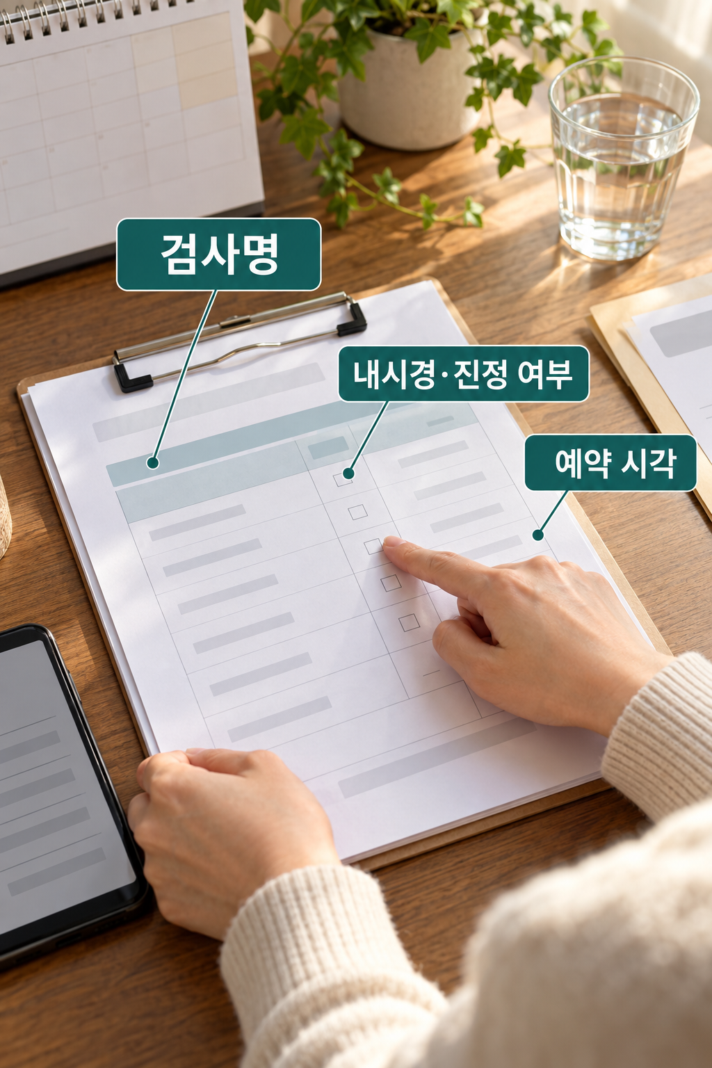 예약문서에서 검사명과 내시경&middot;진정 여부, 시각을 확인하는 손