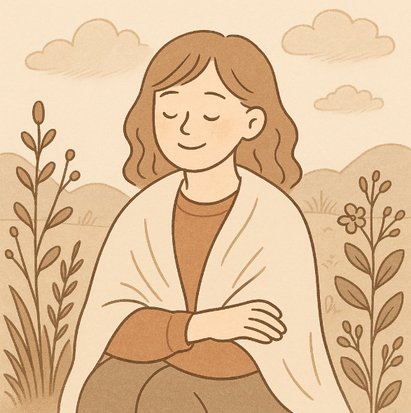 야외에 앉아 행복한 미소를 짓고 있는 사람 모습