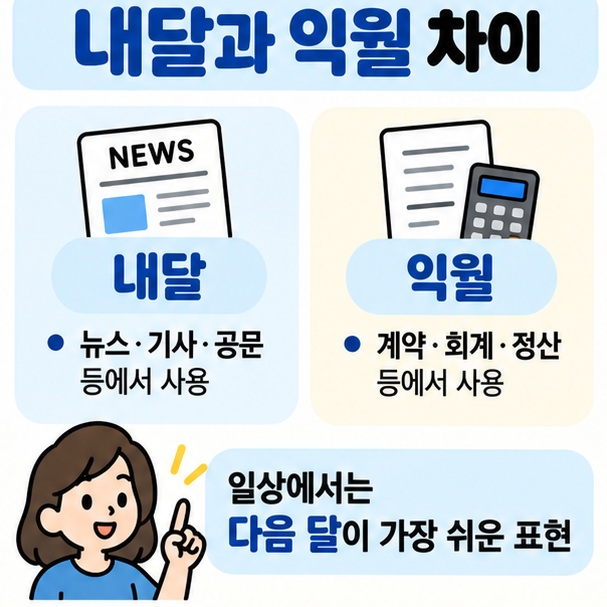 내달은 기사와 공문 익월은 계약과 정산 문서에서 자주 쓰인다는 차이를 정리한 이미지